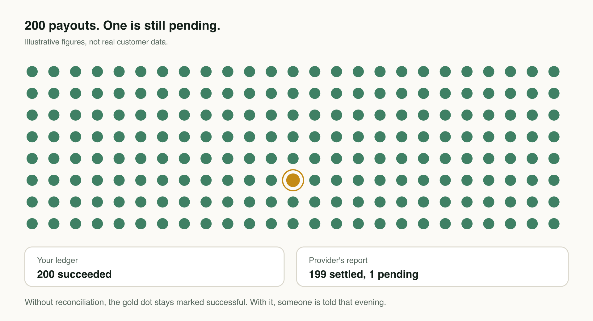 A grid of 200 dots, 199 green and one gold and circled. Below, a card reads Your ledger: 200 succeeded and another reads Provider's report: 199 settled, 1 pending.